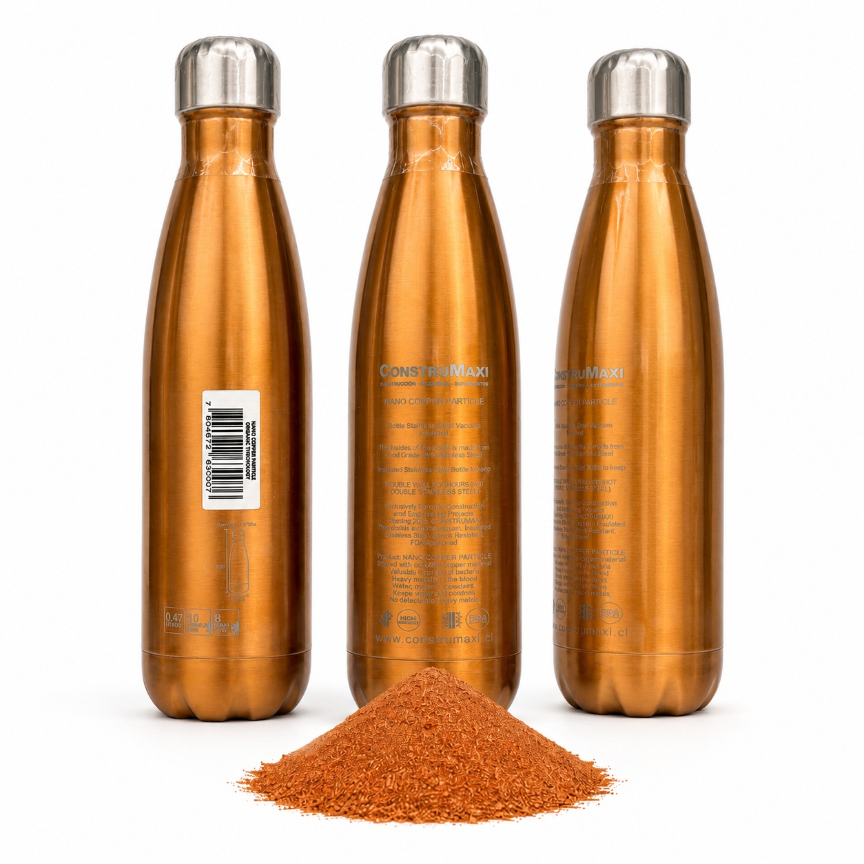 Three copper-colored bottles standing beside mounds of ultrafine copper powder
