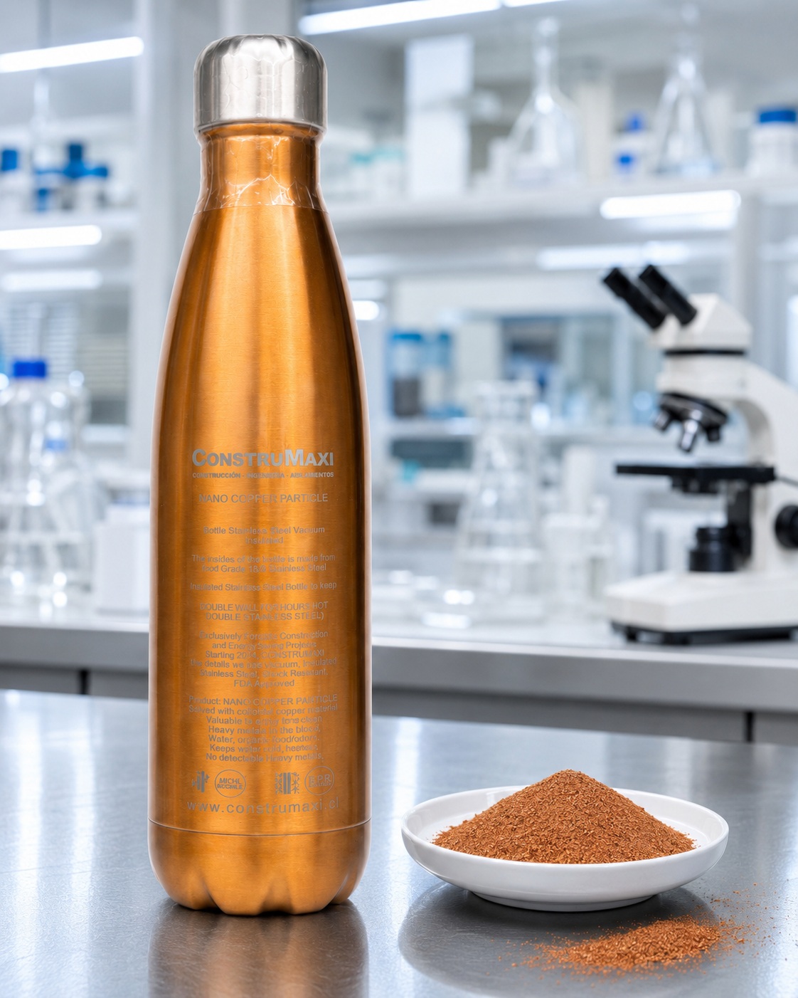 Copper powder bottle on a laboratory bench with a microscope