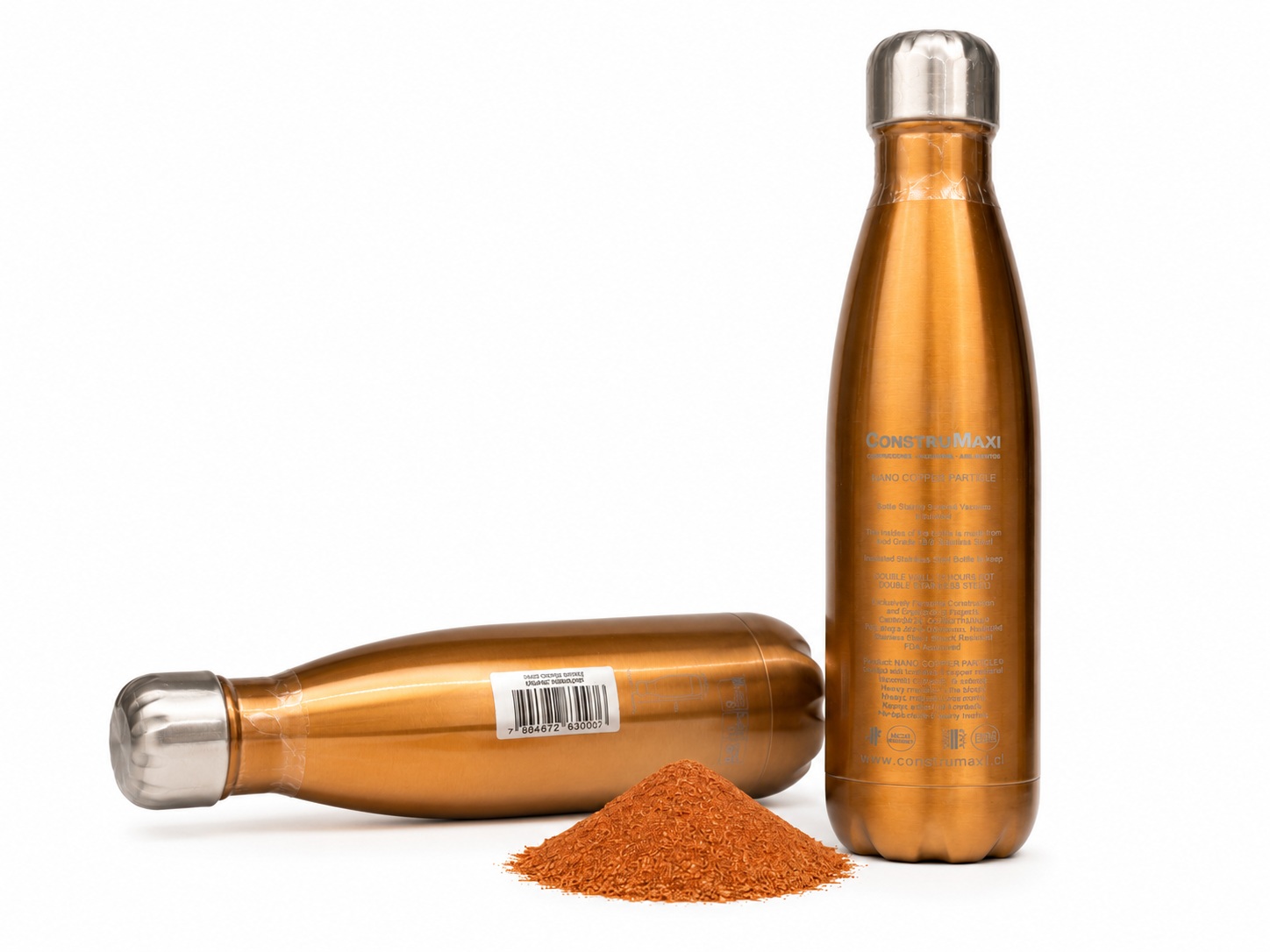 One copper bottle standing and one lying down beside copper powder