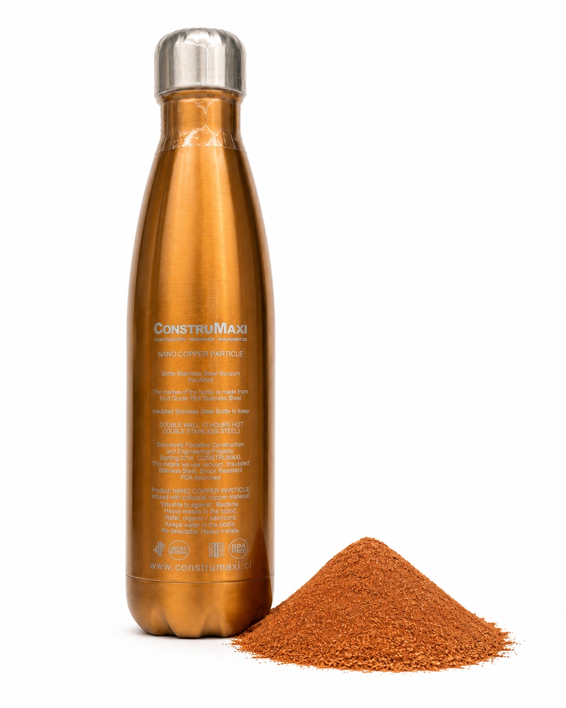 Close-up of engraved details and barcode on copper bottles