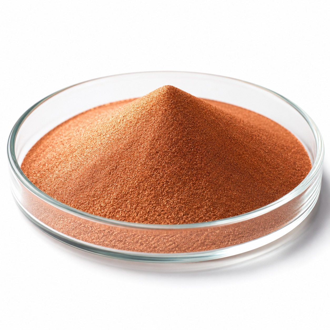 Ultrafine copper powder heaped in a laboratory glass dish