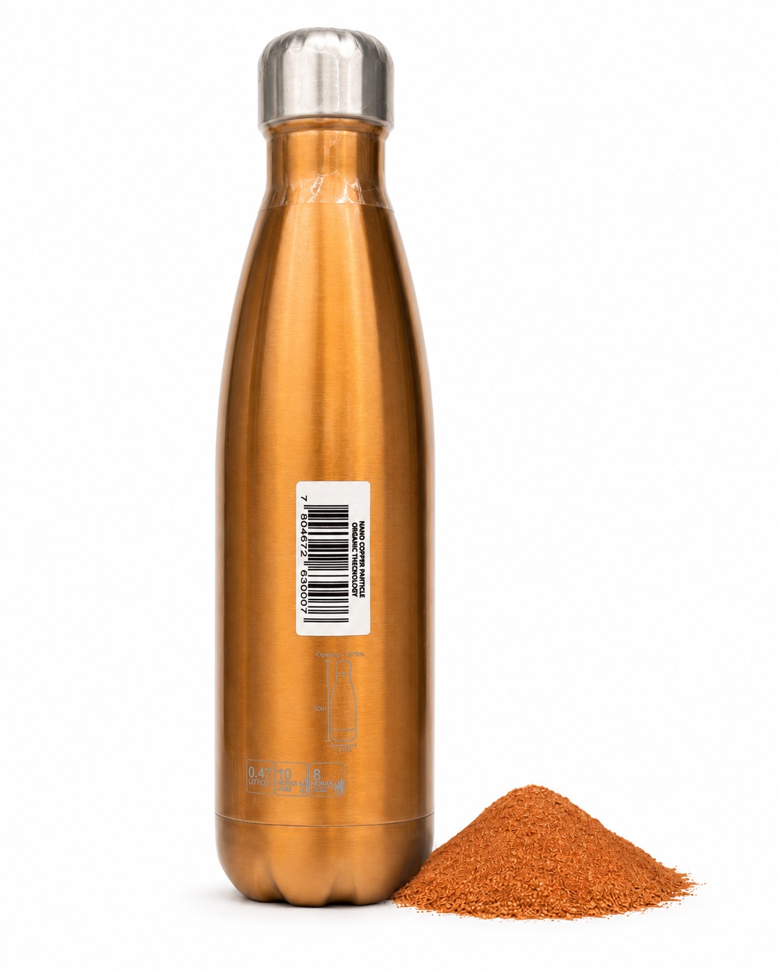 Single copper bottle with a small mound of copper powder