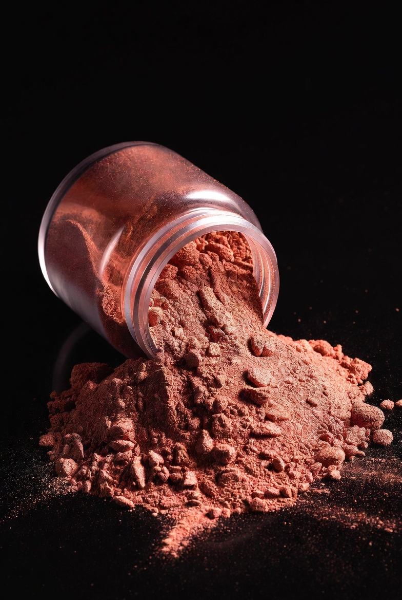 Illustrative ultrafine copper powder pouring from a jar