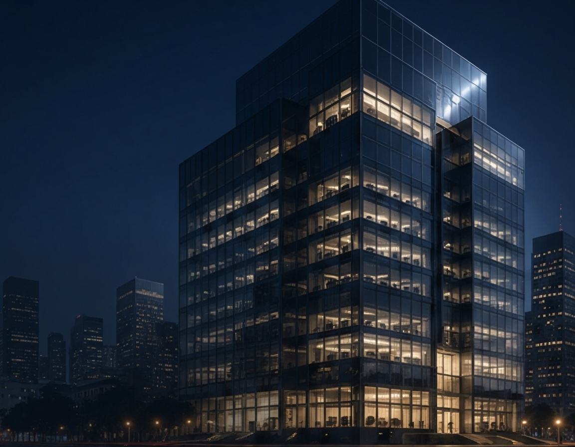 Illustrative corporate glass tower at night