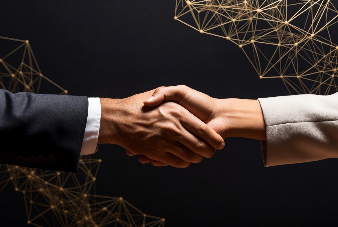 Illustrative business handshake against a gold network backdrop