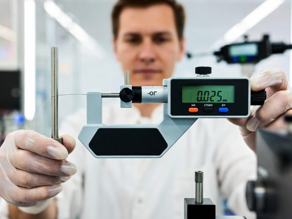 Digital micrometer measuring the 0.025 mm nickel wire diameter