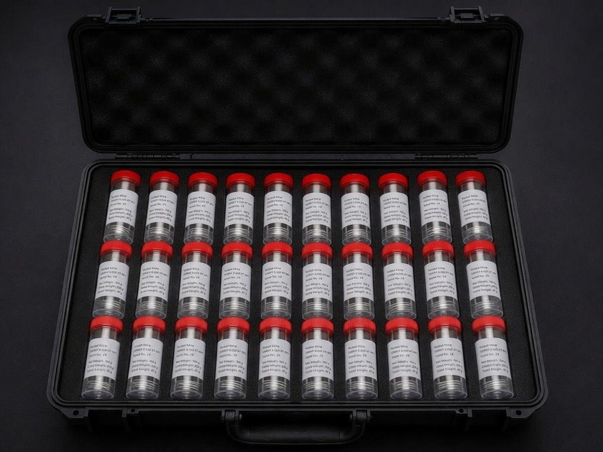 Full set of labelled nickel wire spool tubes arranged in a protective case