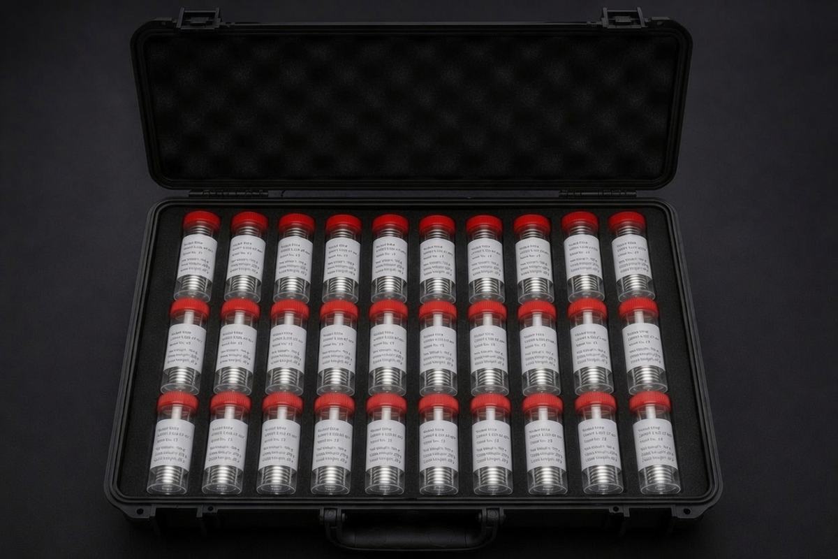 Protective transport case with labelled nickel wire spool tubes