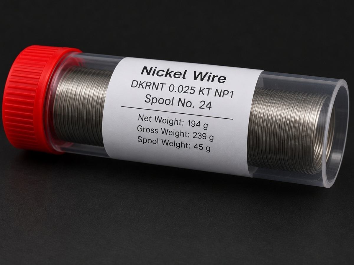Close-up of a nickel wire spool sealed in a labelled tube