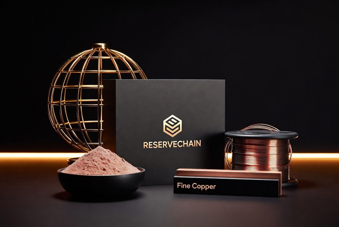 Illustrative composition of ReserveChain industrial metal products — copper powder, nickel wire, a fine copper bar and a gold network globe