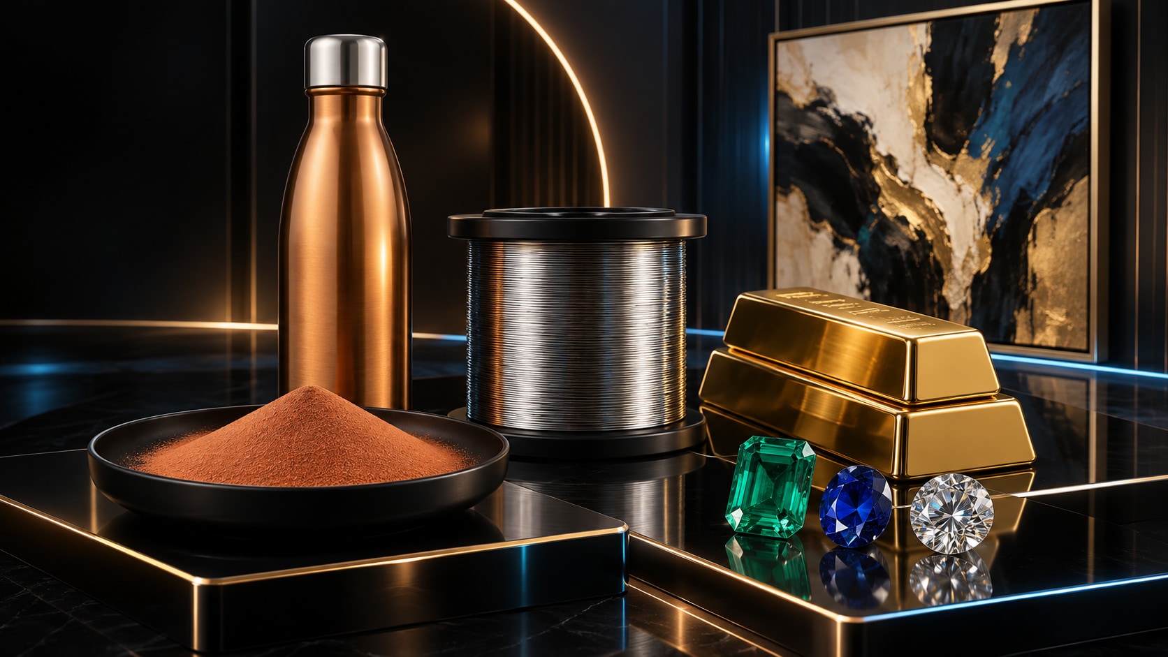 Futuristic illustration of ultrafine copper powder, nickel wire, gold, contemporary art and gemstones.