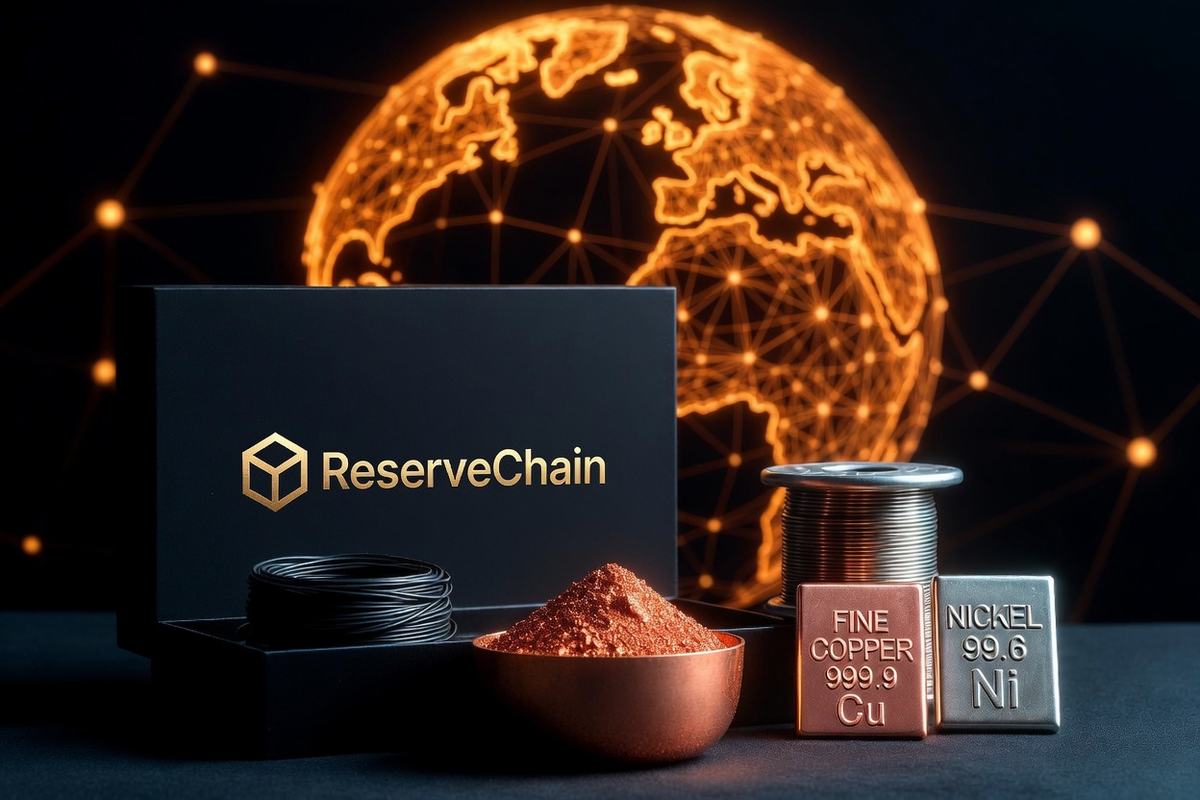 Illustrative ReserveChain box, copper powder, nickel wire and metal ingots against a global network