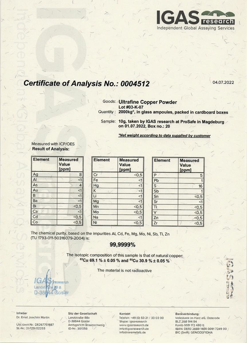 IGAS research Certificate of Analysis No. 0004512 for Ultrafine Copper Powder Lot #03-K-07 — 99.9999% purity