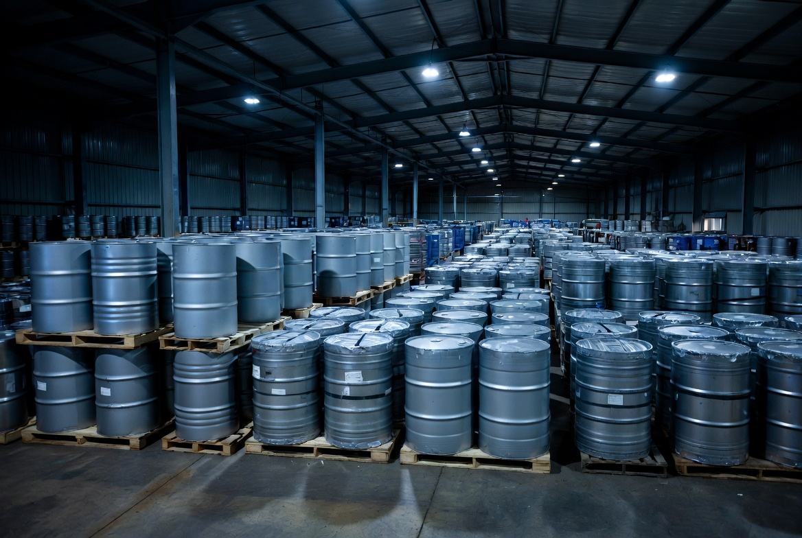 Illustrative warehouse of sealed steel drums at origin before custody intake
