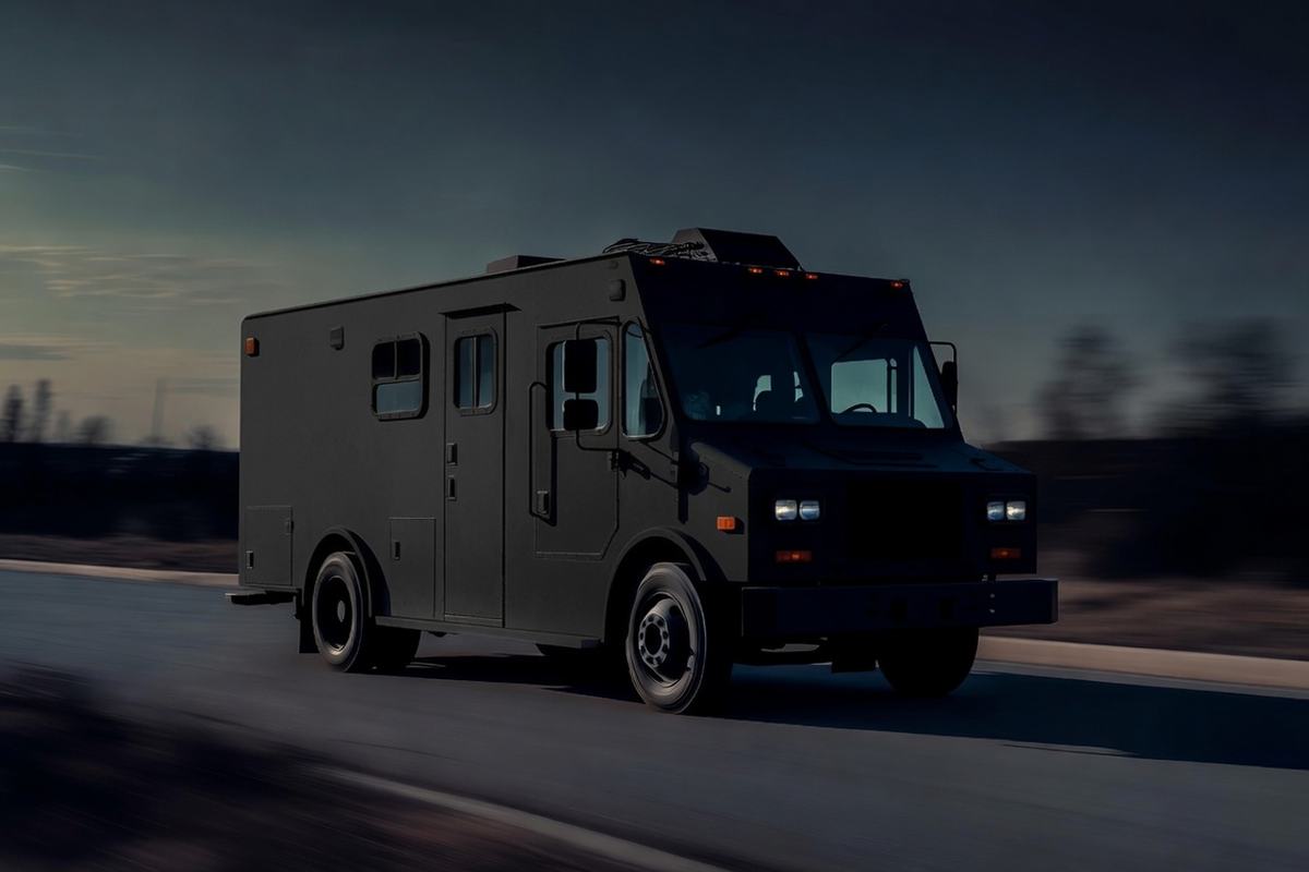 Illustrative armored transport vehicle at night