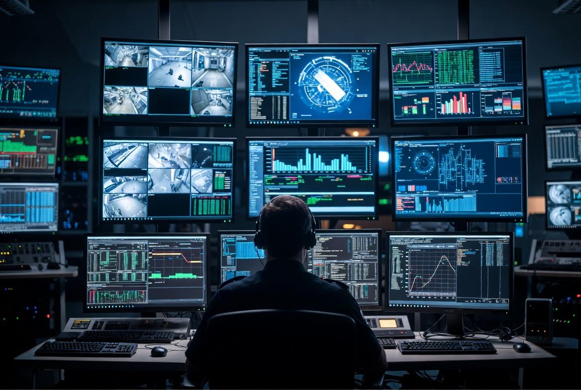 Illustrative security monitoring room with camera wall