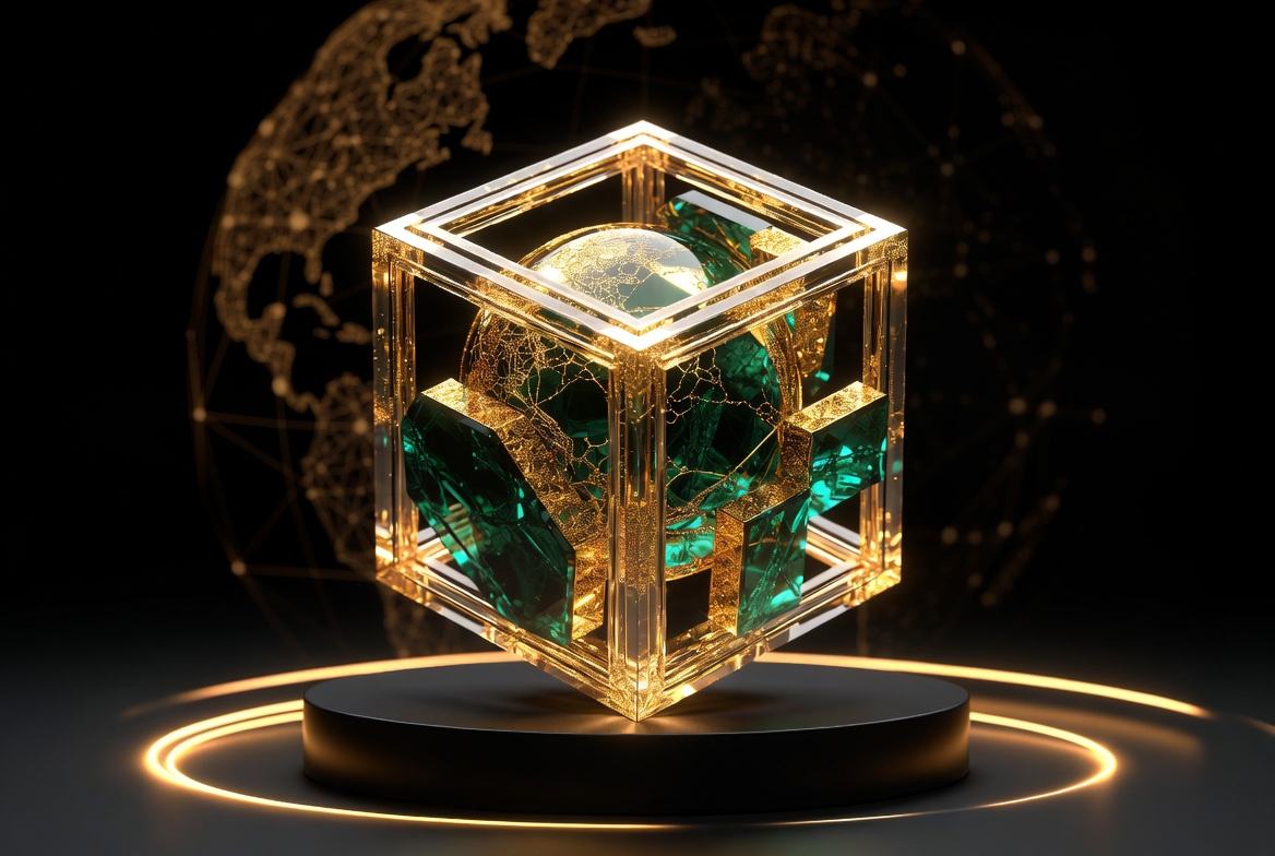 Illustrative ReserveChain tokenization cube on a pedestal surrounded by a global network