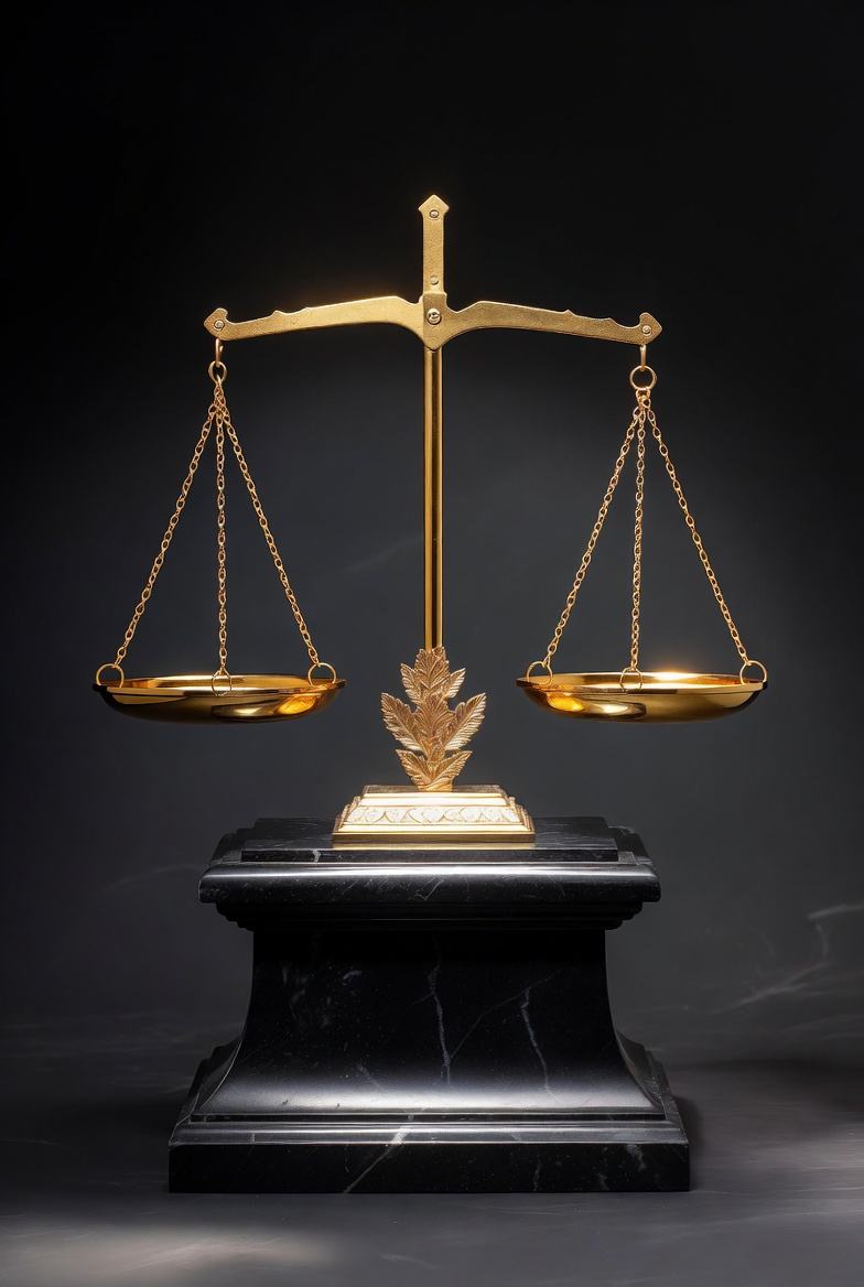 Illustrative gold scales of justice on a black marble pedestal
