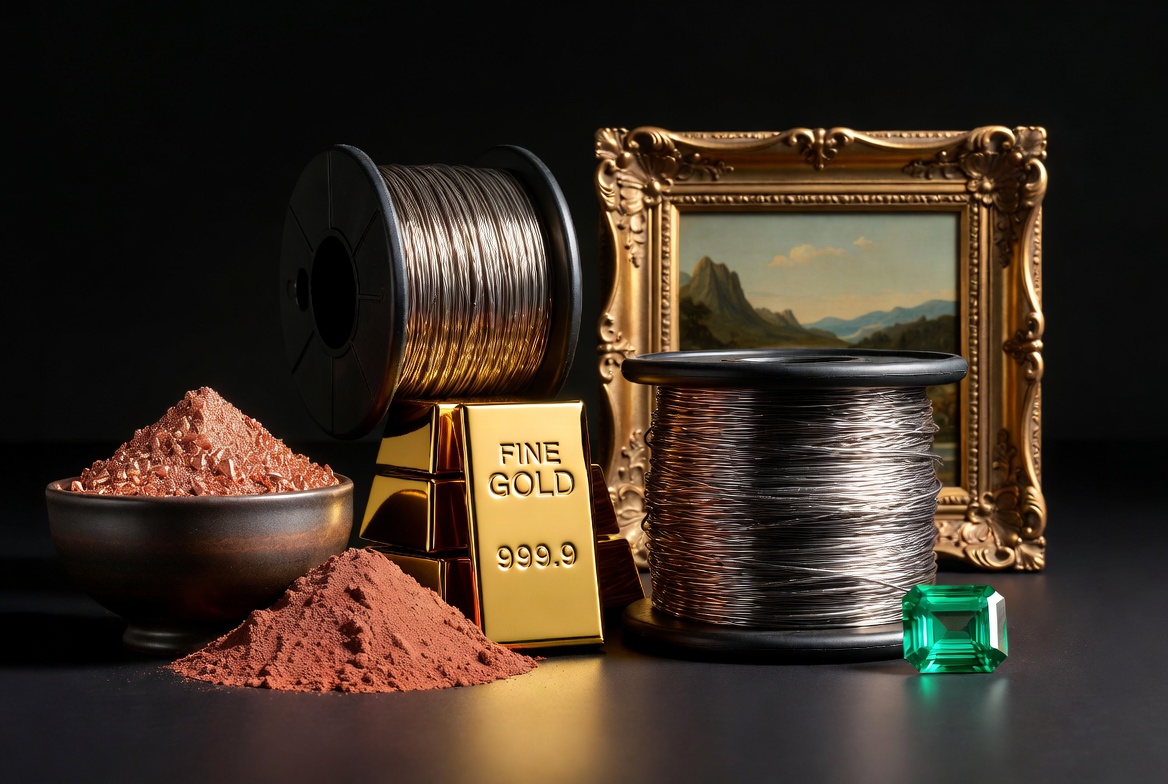 Illustrative real-world assets: copper powder, nickel wire, gold and fine art