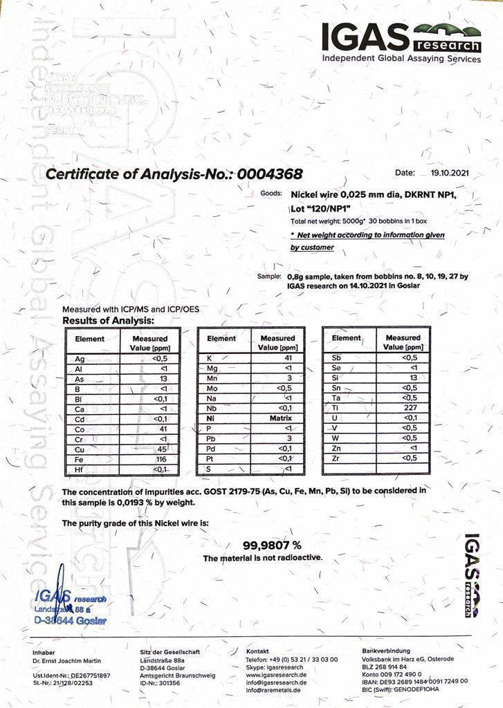 Owner-supplied IGAS Certificate of Analysis 0004368 for Nickel Wire 0.025 mm