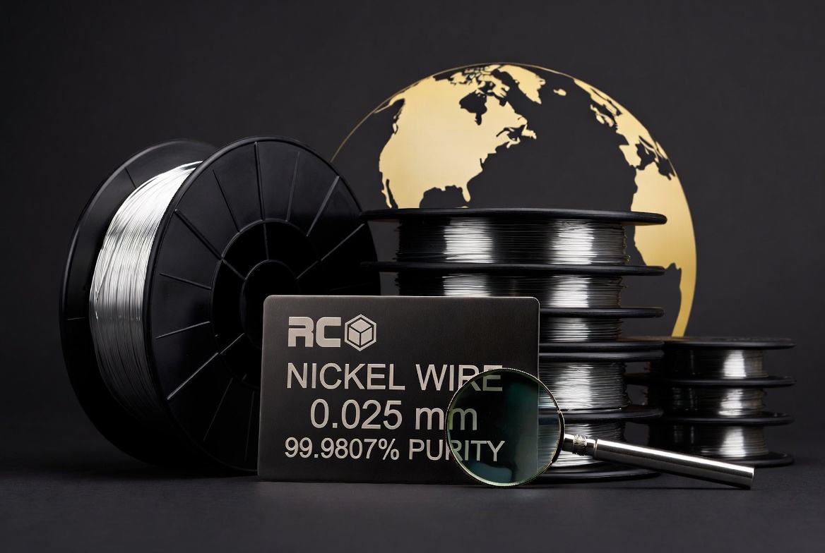 0.025 mm ultrafine nickel wire asset program — illustrative spools with an engraved RC plate declaring 99.9807% purity
