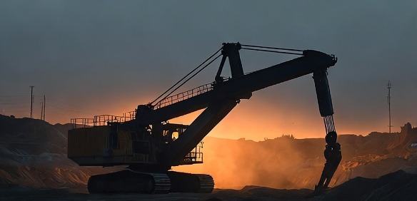 Illustrative open-pit mining excavator at sunset