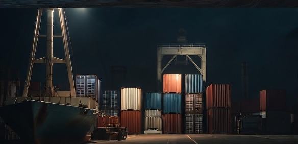 Illustrative stacked shipping containers at a trade port