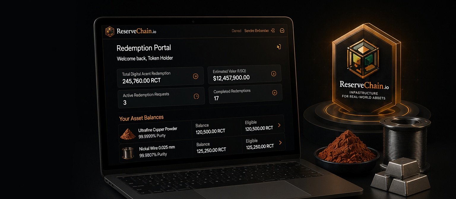 Illustrative preview of the Redemption Portal dashboard on a laptop, next to copper powder, a nickel wire spool and the ReserveChain emblem