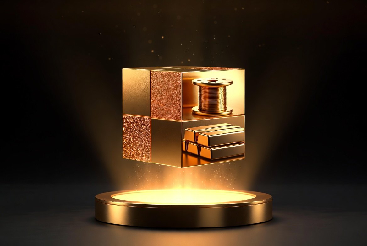 ReserveChain real-world asset tokenization technology architecture — golden cube with copper powder, nickel wire and metal bar faces above an illuminated podium