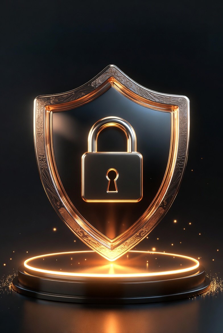 Golden security shield with a padlock on an illuminated podium