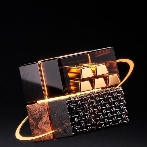 Composite tokenization cube of gold bars, woven nickel wire and raw copper encircled by a golden orbit ring