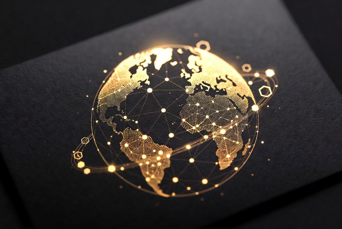 Illustrative gold network globe representing supply-chain provenance